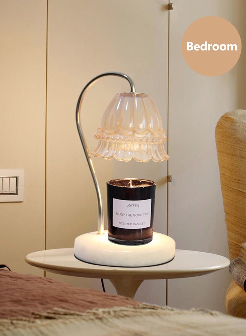 Tawny Camellia Shade Wax Lamp Candle Warmer Lamp with High Transparency Glass Stepless Dimming Rapid Melting Solid Wood Base Ideal for Home Decor and Aromatherapy, White Marble Base