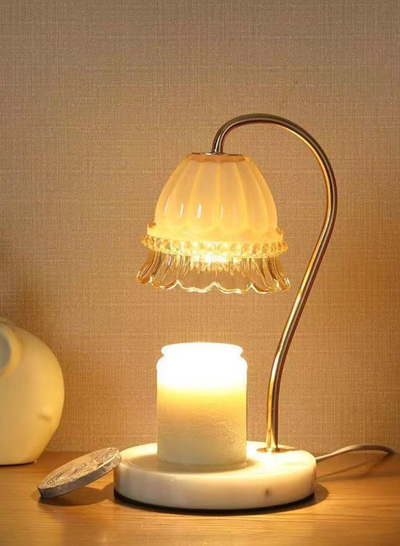 Tawny Camellia Shade Wax Lamp Candle Warmer Lamp with High Transparency Glass Stepless Dimming Rapid Melting Solid Wood Base Ideal for Home Decor and Aromatherapy, White Marble Base
