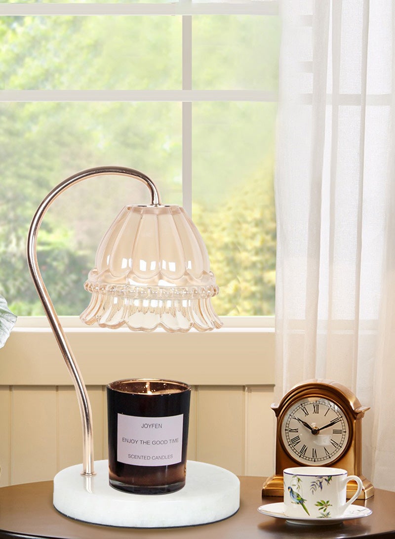 Tawny Camellia Shade Wax Lamp Candle Warmer Lamp with High Transparency Glass Stepless Dimming Rapid Melting Solid Wood Base Ideal for Home Decor and Aromatherapy, White Marble Base