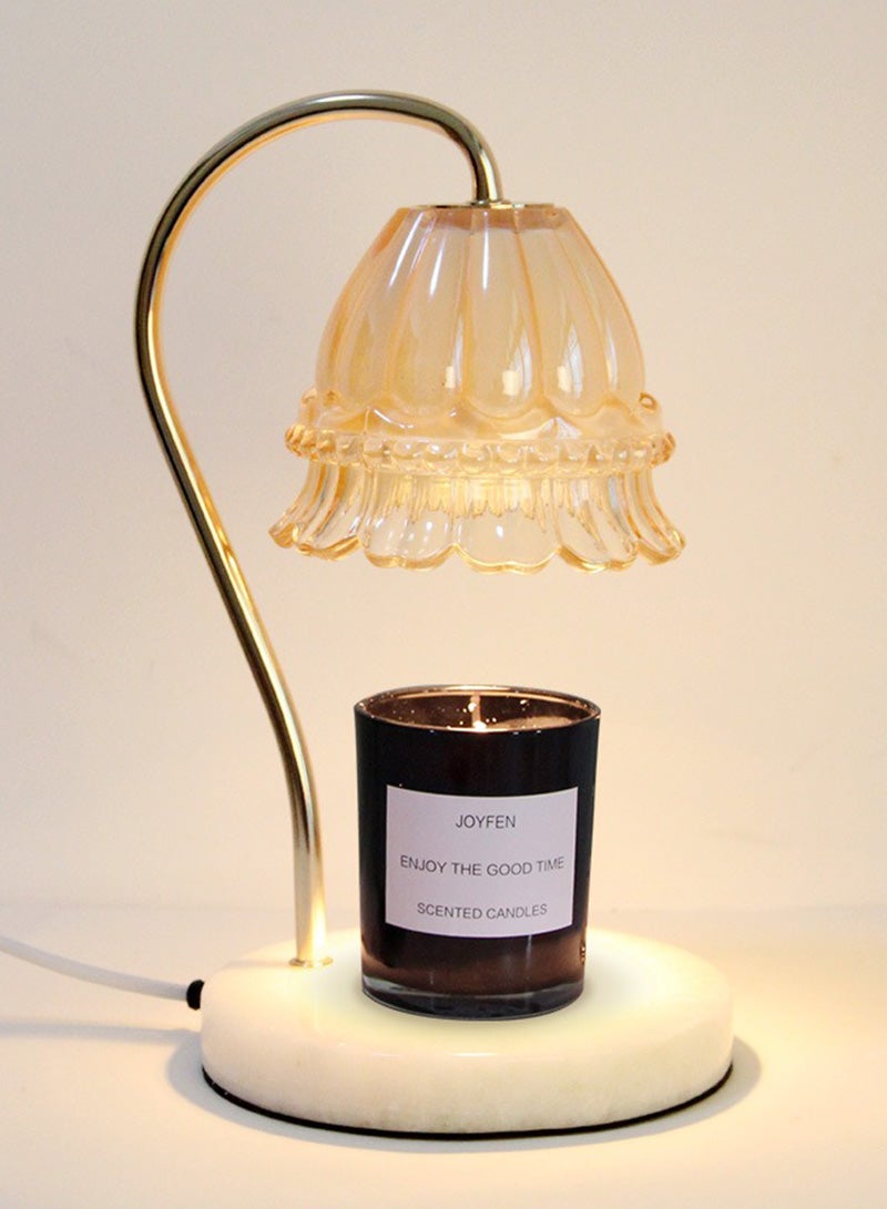 Tawny Camellia Shade Wax Lamp Candle Warmer Lamp with High Transparency Glass Stepless Dimming Rapid Melting Solid Wood Base Ideal for Home Decor and Aromatherapy, White Marble Base
