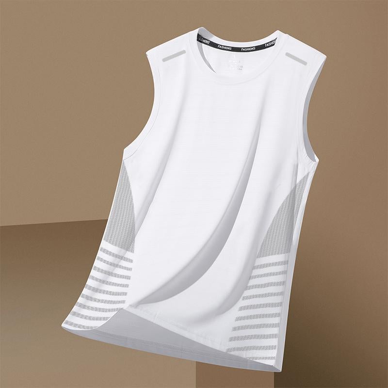 [Quick Delivery] Ice Silk Vest Mens Fashionable Round Neck Mesh Breathable Quick-drying Sports Wide Waistcoat Outer Wear Mens Sleeveless Pure white [twill butterfly mesh vest] 