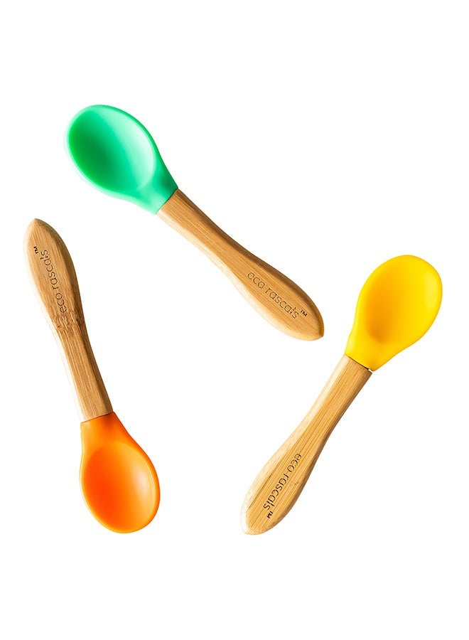 NIBEMINENT Bamboo Feeding Spoons, Pack of 3 - Green/Orange/Yellow - Image 1