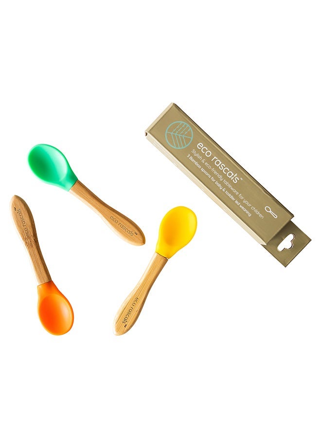 NIBEMINENT Bamboo Feeding Spoons, Pack of 3 - Green/Orange/Yellow - Image 2