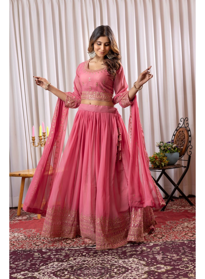 Super Asian Designer Faux Georgette Embroidered Lehenga Set with Dupatta – Thread & Sequin Work | Can-Can & Canvas Flair  - Image 1