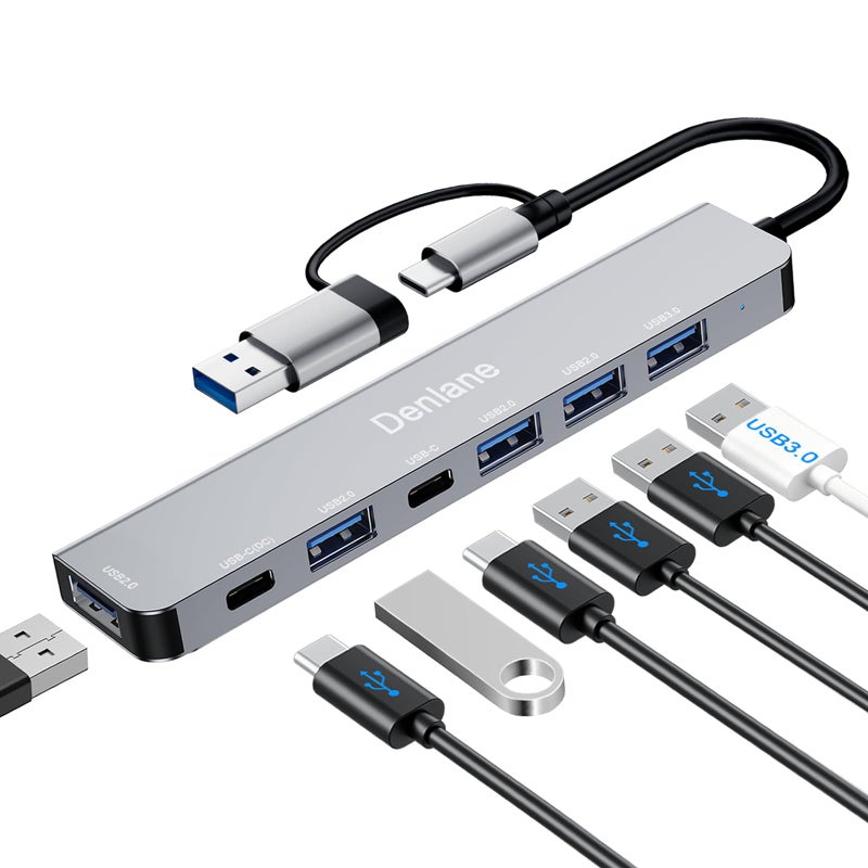 Denlane USB C Hub USB Hub 3.0 for Laptop, Upgrade 7 in 2 USB Splitter with USB-C & Multiport USB A Port Extender, USBC USB2.0 Dongle for PC/Computer/Laptop, Type C Mac/MacBook/Air/Pro/iPad/Tablet - Image 1