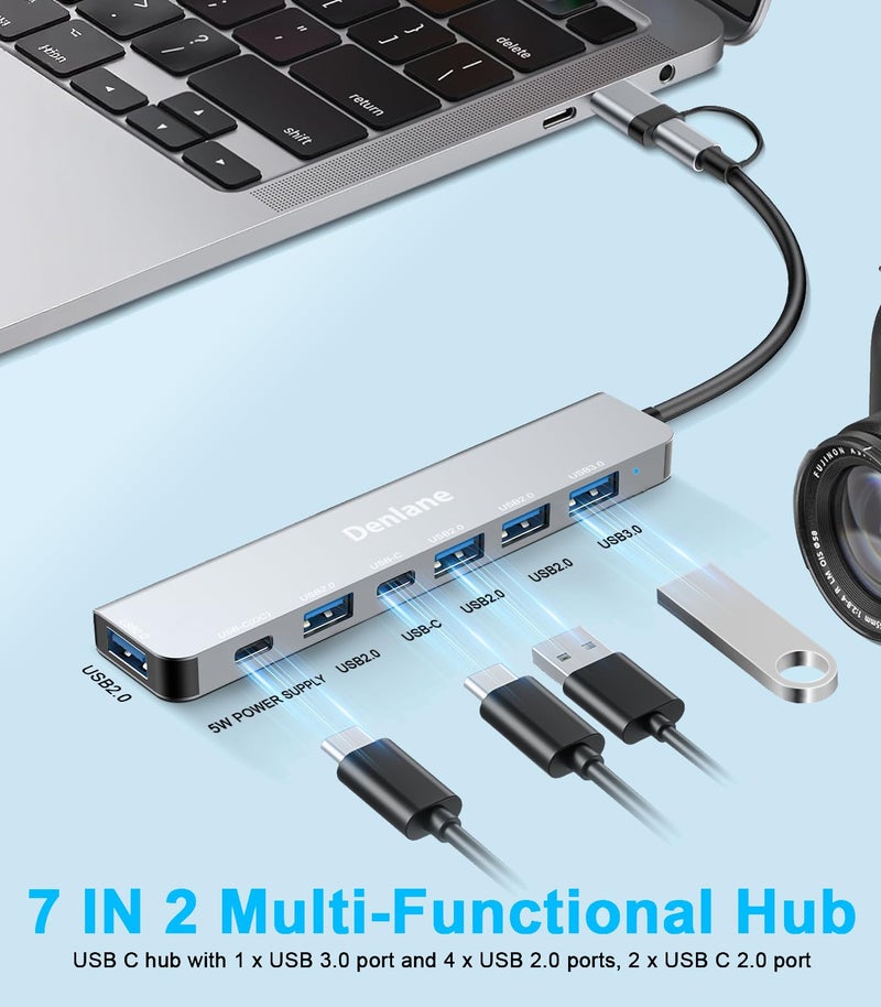 Denlane USB C Hub USB Hub 3.0 for Laptop, Upgrade 7 in 2 USB Splitter with USB-C & Multiport USB A Port Extender, USBC USB2.0 Dongle for PC/Computer/Laptop, Type C Mac/MacBook/Air/Pro/iPad/Tablet - Image 5