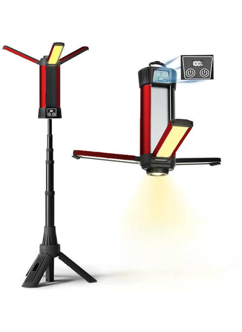COMFET - Rechargeable Led Camping And Work Light With Tripod Stand, 500/1K/2K Lumen, 360° Rotate Foldable,Triple Head Cob And 6000Mah Battery With Display For Camping, Car Repairing, Barbecue, Workshop. - Image 1