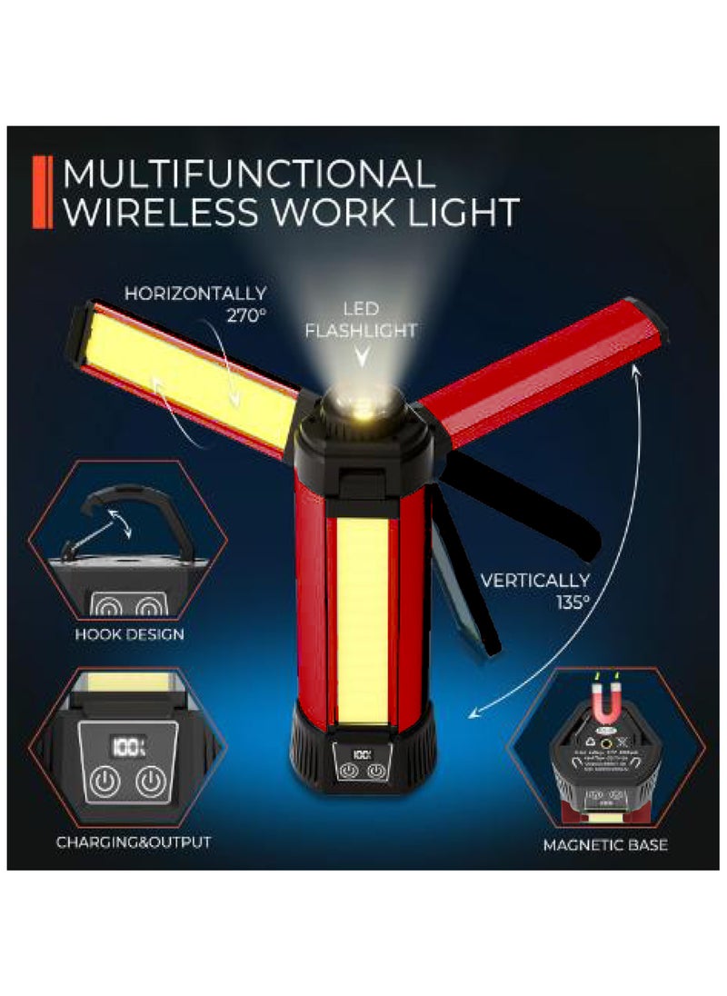 COMFET - Rechargeable Led Camping And Work Light With Tripod Stand, 500/1K/2K Lumen, 360° Rotate Foldable,Triple Head Cob And 6000Mah Battery With Display For Camping, Car Repairing, Barbecue, Workshop. - Image 1