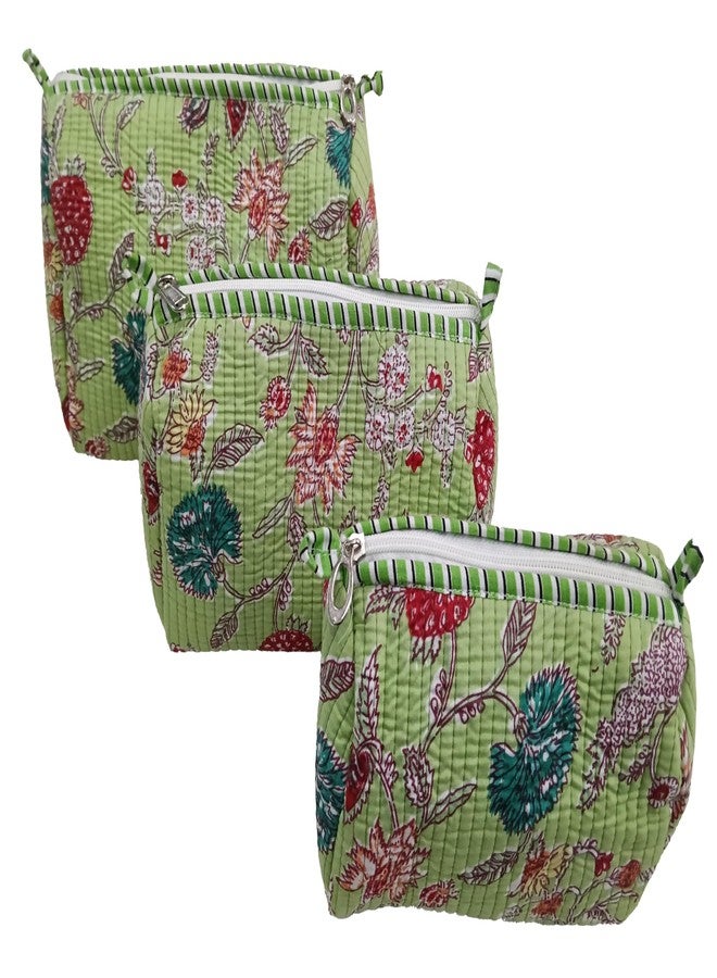 ART WORLD Hand Block Printed Cotton Quilted Floral Toiletry Bag 3 Piece Combo Set Waterproof Traveller Cosmetic Bags (Green 1) - Image 1