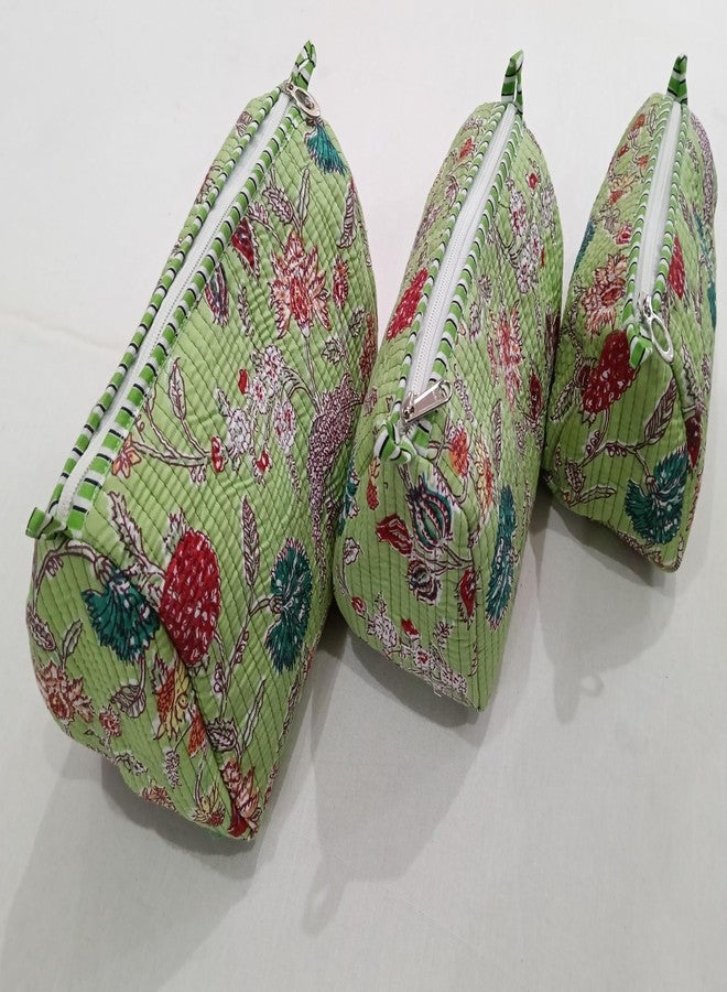 ART WORLD Hand Block Printed Cotton Quilted Floral Toiletry Bag 3 Piece Combo Set Waterproof Traveller Cosmetic Bags (Green 1) - Image 2