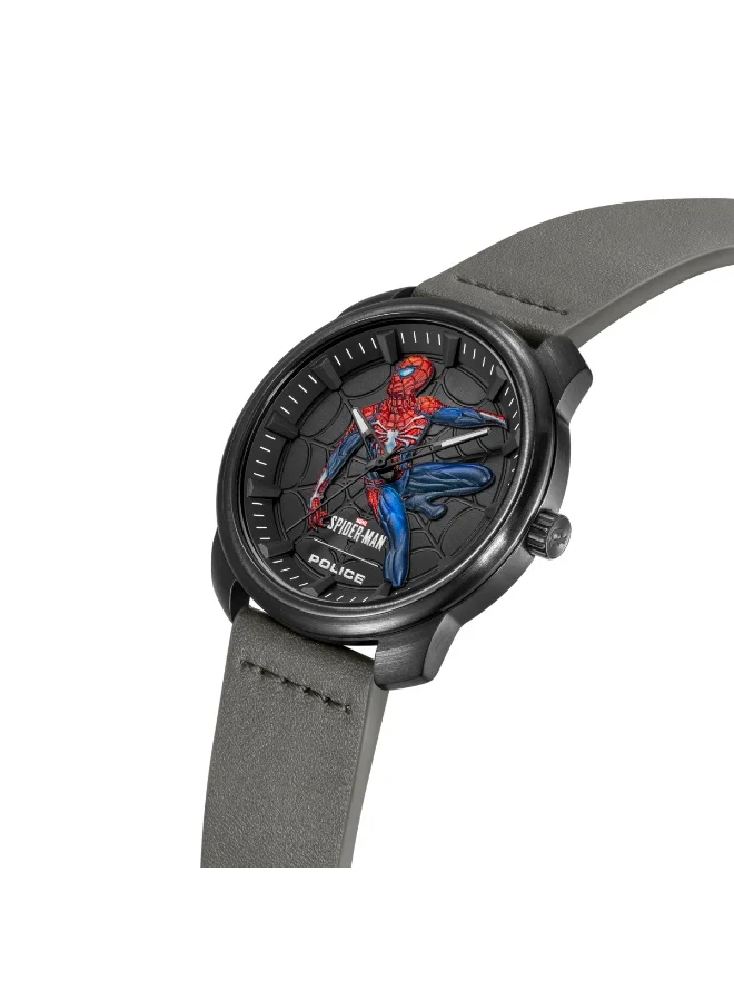 بوليس ساعة رجالية إصدار الأبطال الخارقين بقرص أسود وسوار جلد أسود 44 مم