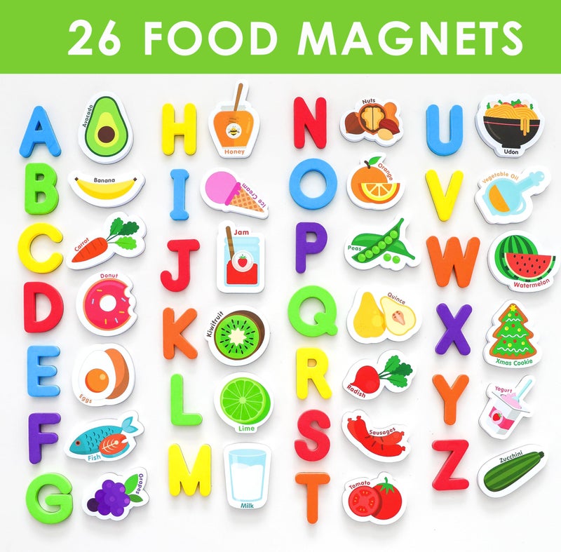 Curious Columbus Toddler Magnets â€“ Set of 52 Fridge Magnets for Kids â€“ Includes 26 Large Foam Food Pieces and 26 ABC Alphabet Letters for Learning and Play - Image 4