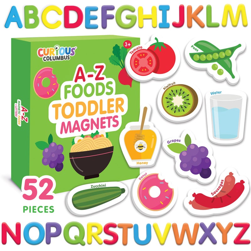 Curious Columbus Toddler Magnets â€“ Set of 52 Fridge Magnets for Kids â€“ Includes 26 Large Foam Food Pieces and 26 ABC Alphabet Letters for Learning and Play - Image 1