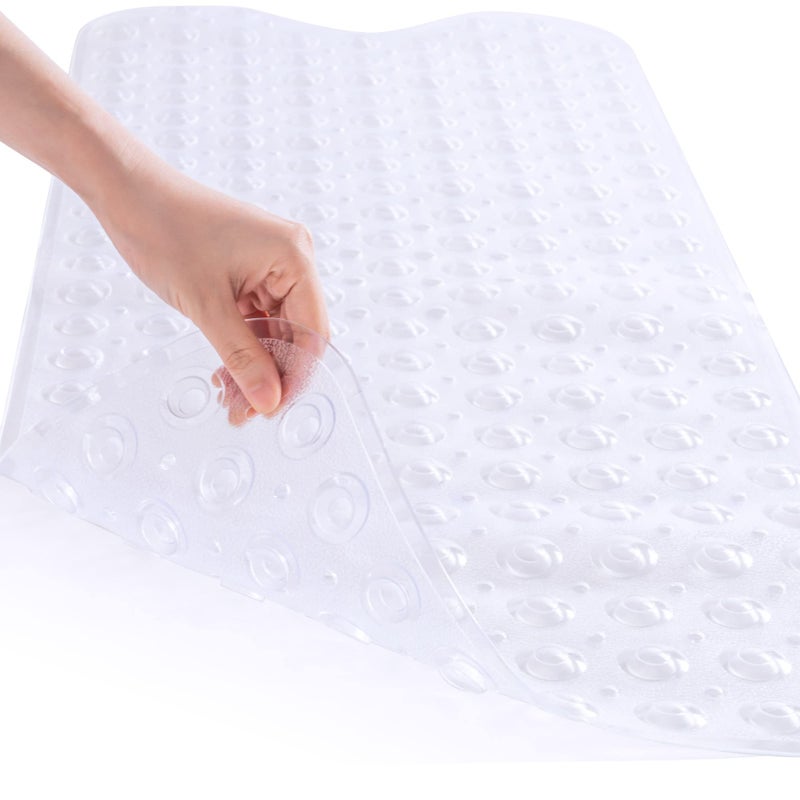 حصيرة استحمام روزماروس طويلة جدًا 16 × 39 حصيرة حمام غير قابلة للانزلاق مع أكواب شفط وفتحات تصريف حصائر حوض الاستحمام للأطفال والرضع حصيرة أرضية الحمام غير قابلة للانزلاق ملحقات حوض الاستحمام شفافة