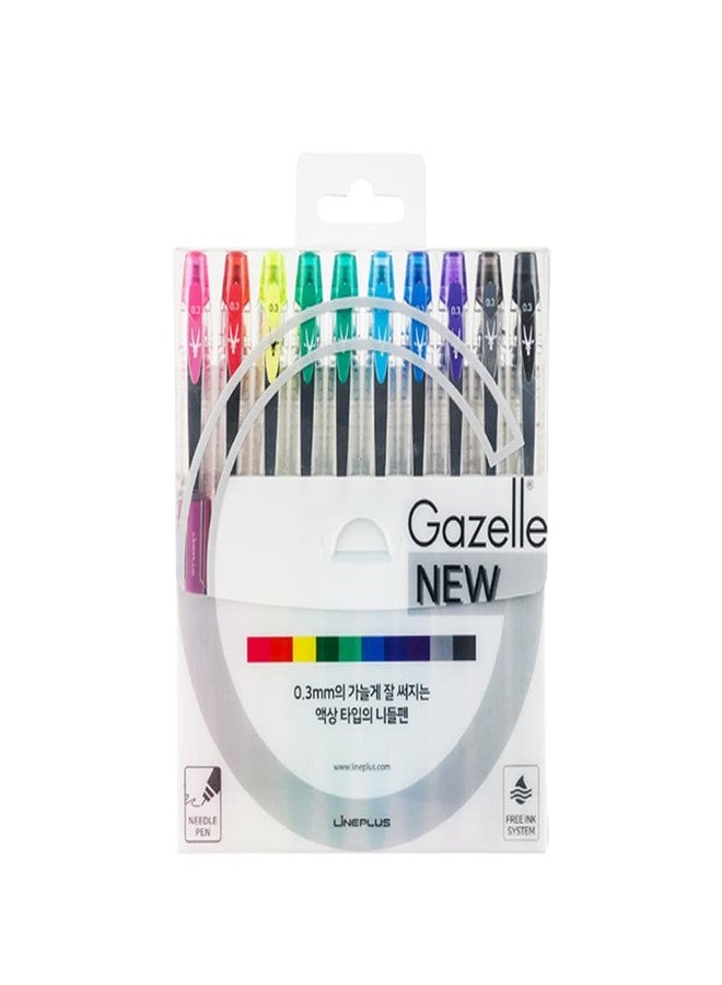 LINEPLUS Gazelle 0.3mm Ultra-Fine Needle Tip Gel Pens Set of 10 Assorted - Image 1