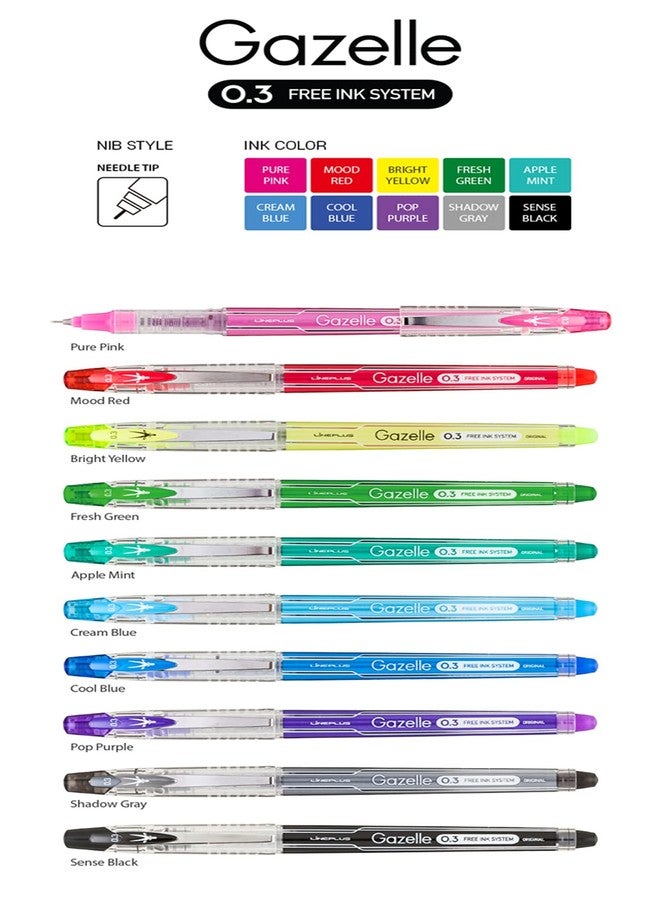 LINEPLUS Gazelle 0.3mm Ultra-Fine Needle Tip Gel Pens Set of 10 Assorted - Image 4