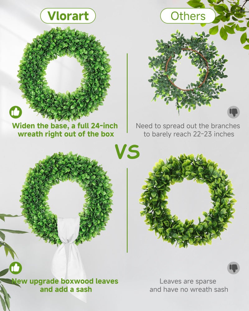 Vlorart 24 Inch Faux Round Boxwood Wreath, Weatherproof Front Door Large Wreaths Artificial Spring Summer Greenery Wreath with Sash for Farmhouse Wedding Year Round Indoor and Outdoor - Image 5