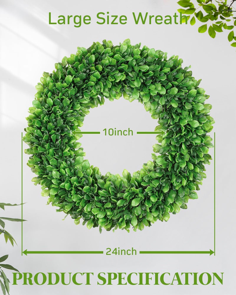 Vlorart 24 Inch Faux Round Boxwood Wreath, Weatherproof Front Door Large Wreaths Artificial Spring Summer Greenery Wreath with Sash for Farmhouse Wedding Year Round Indoor and Outdoor - Image 3