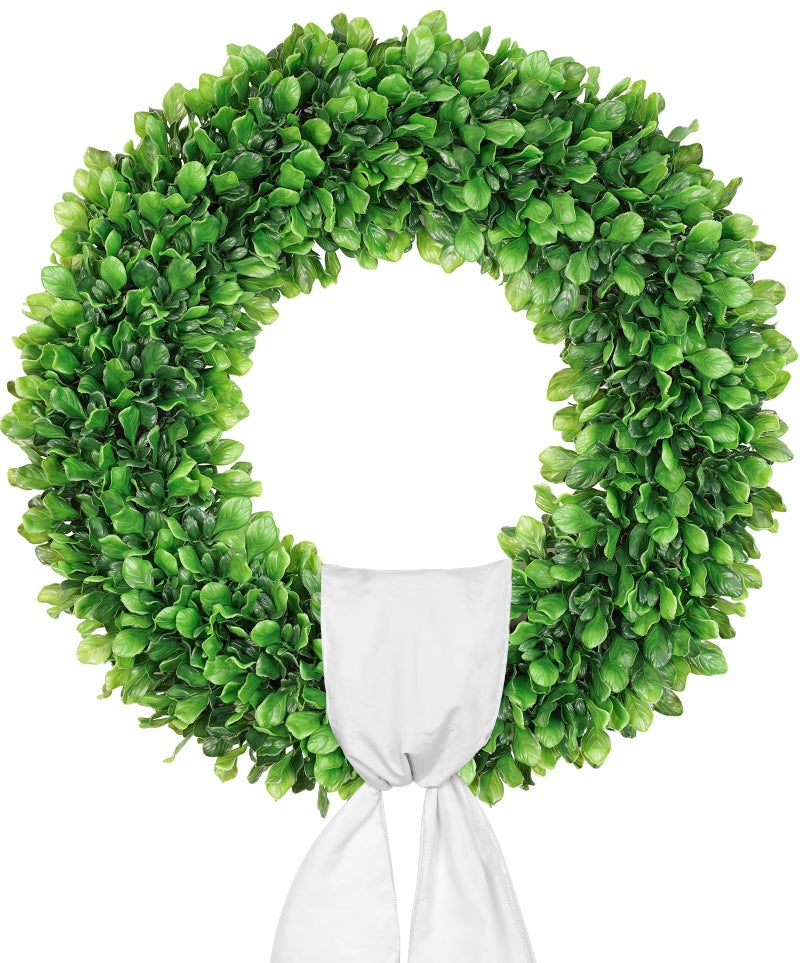 Vlorart 24 Inch Faux Round Boxwood Wreath, Weatherproof Front Door Large Wreaths Artificial Spring Summer Greenery Wreath with Sash for Farmhouse Wedding Year Round Indoor and Outdoor - Image 1