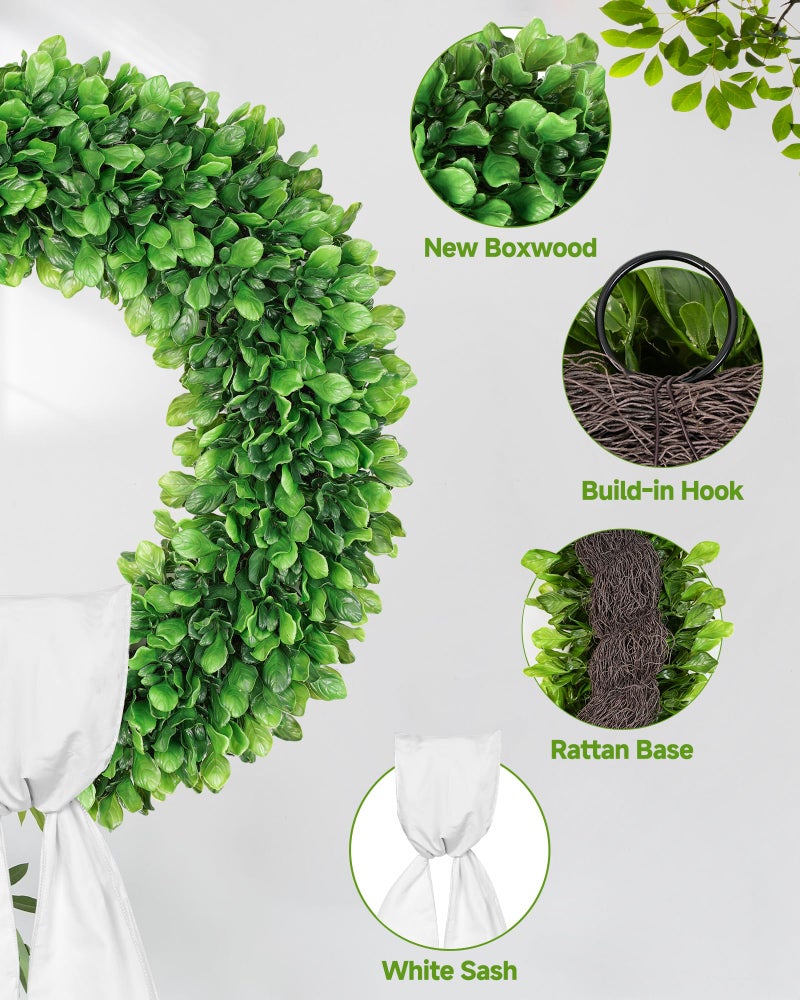 Vlorart 24 Inch Faux Round Boxwood Wreath, Weatherproof Front Door Large Wreaths Artificial Spring Summer Greenery Wreath with Sash for Farmhouse Wedding Year Round Indoor and Outdoor - Image 4