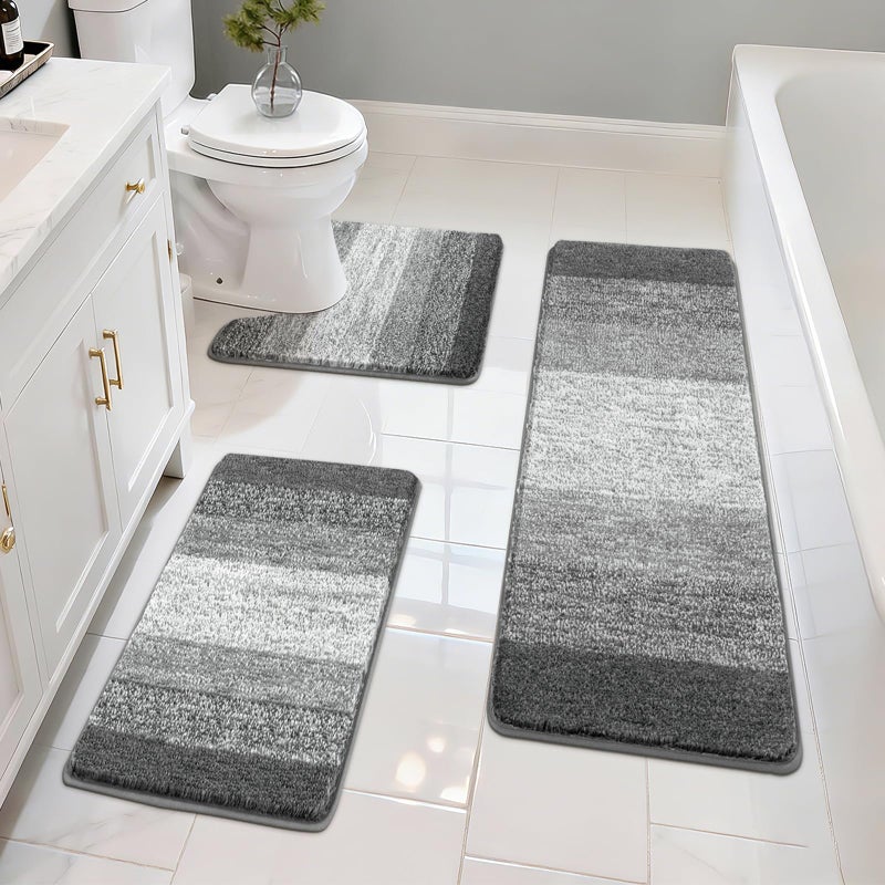 Pauwer Bathroom Rugs Set 3 Piece Non Slip Washable Microfiber Absorbent Bath Mat Floor Carpet Extra Soft Quick Dry Shower Rug UShaped Contour Toilet Mats Grey - Image 2