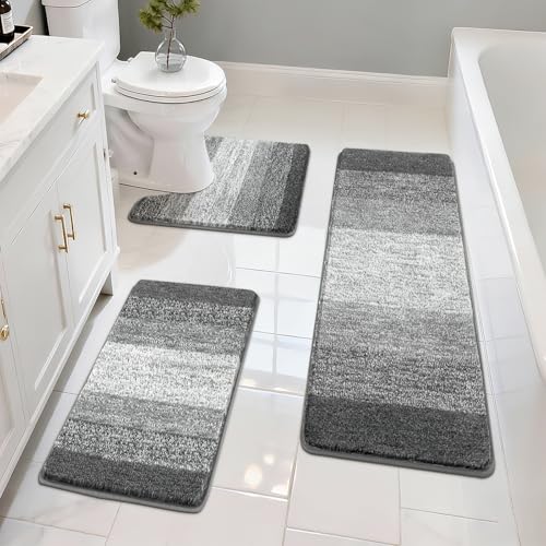 Pauwer Bathroom Rugs Set 3 Piece Non Slip Washable Microfiber Absorbent Bath Mat Floor Carpet Extra Soft Quick Dry Shower Rug UShaped Contour Toilet Mats Grey - Image 1