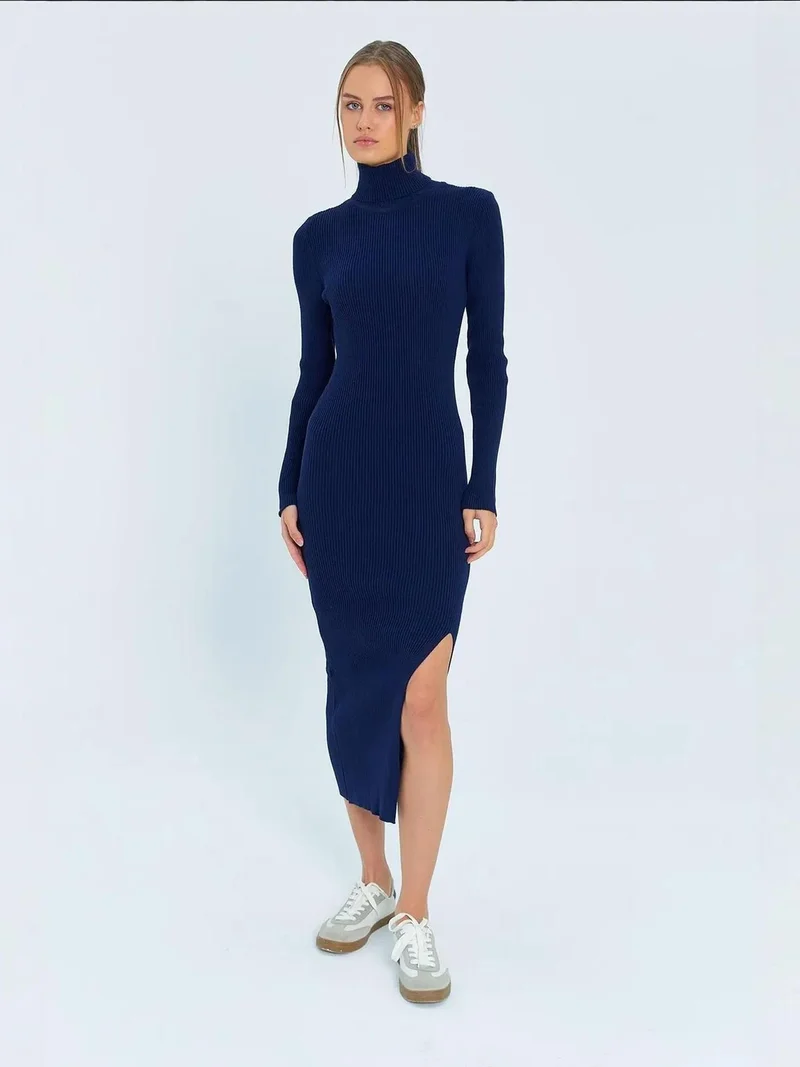 MixRay Mixray Turtleneck Midi Knit Dress with Slit