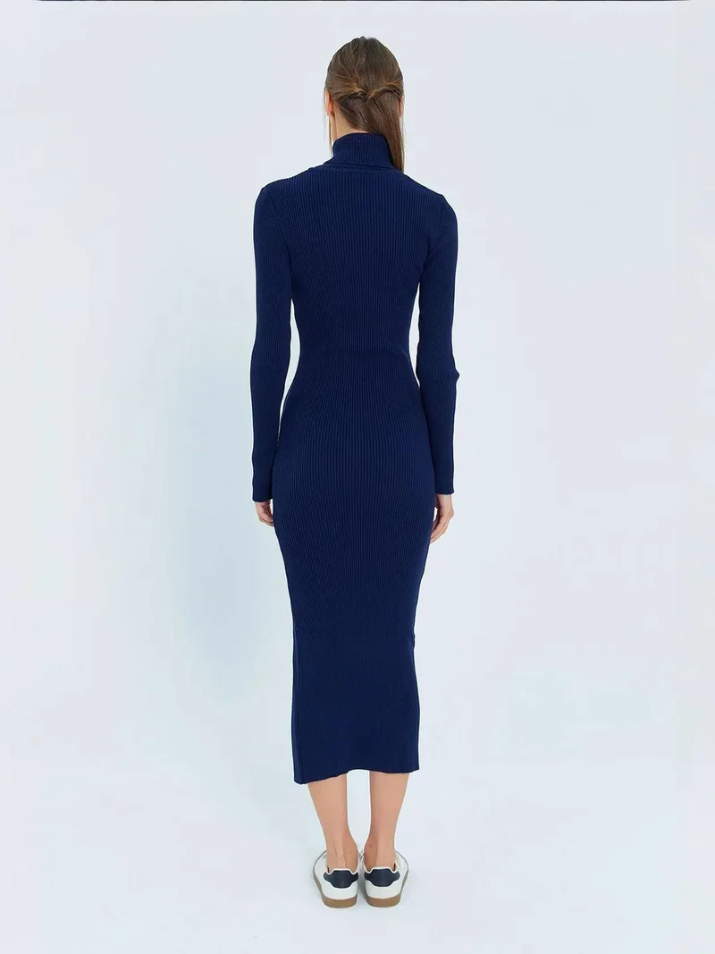 MixRay Navy Blue Mixray Turtleneck Midi Knit Dress with Slit for Women | Best Price UAE