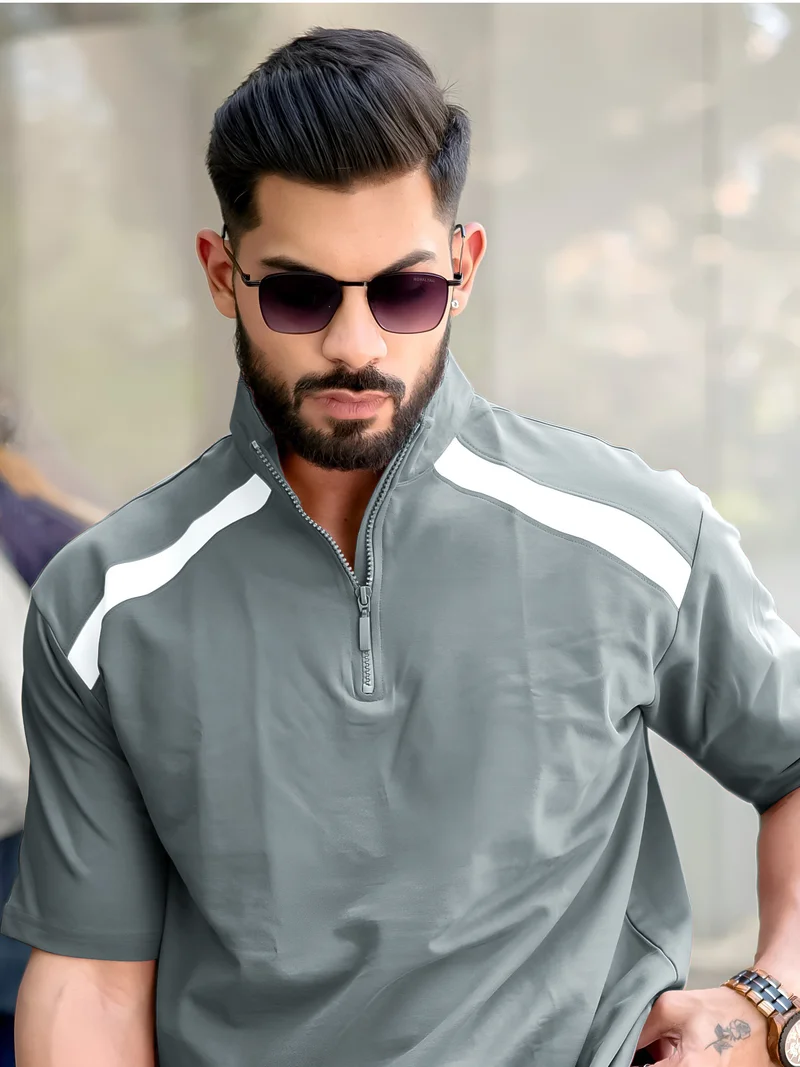 Maniac Maniac Mens Solid Henley Neck 3/4th Sleeve Light Grey and White Half Zipper Cotton T-Shirt