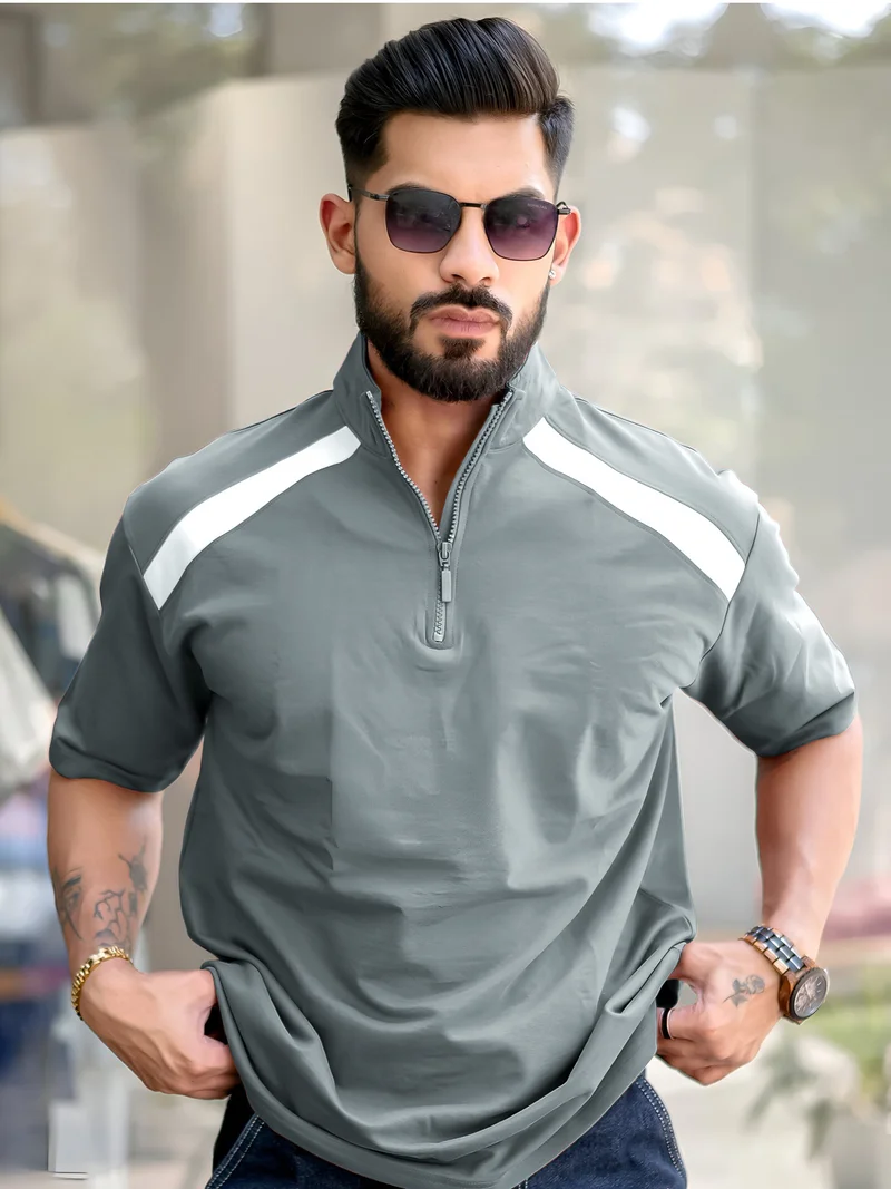 Maniac Maniac Mens Solid Henley Neck 3/4th Sleeve Light Grey and White Half Zipper Cotton T-Shirt