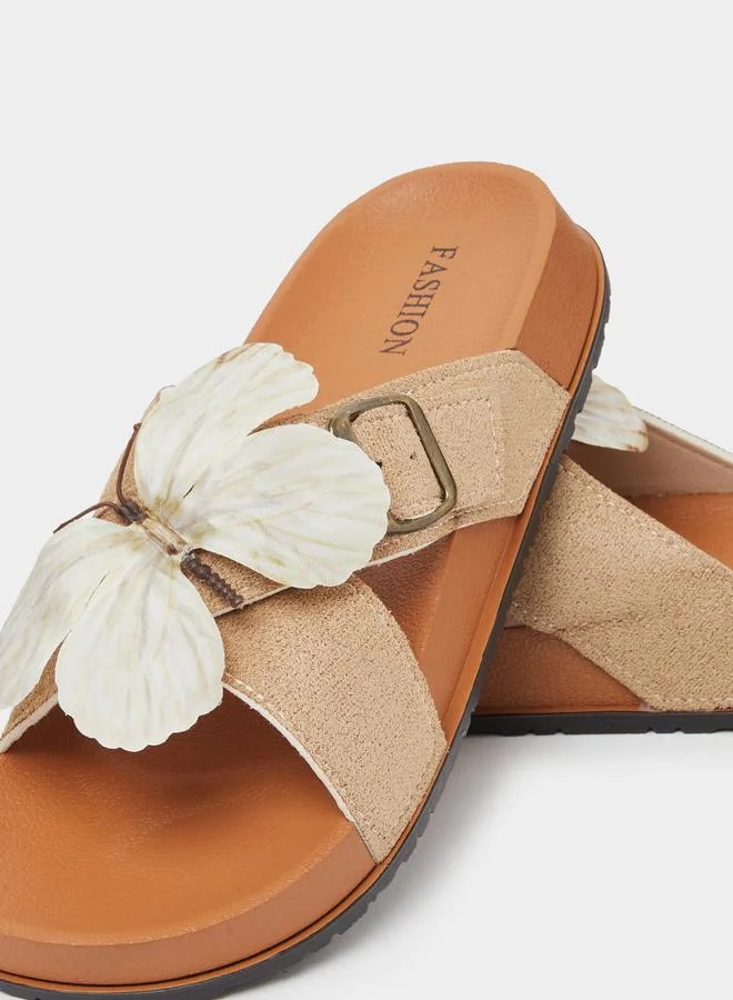Take Two  Beige Butterfly Detail Comfort Sandals for Women | Best Price UAE