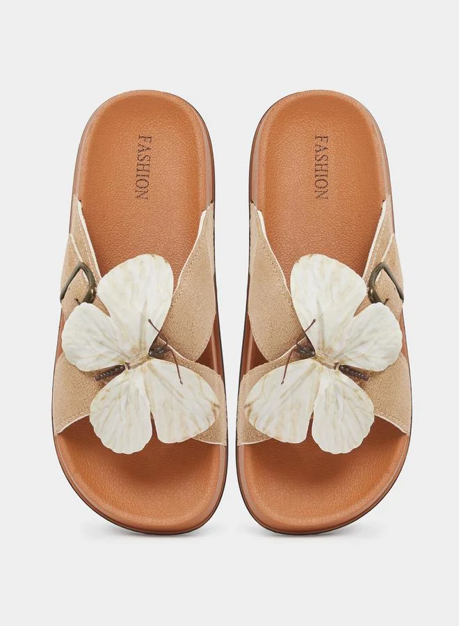 Take Two  Beige Butterfly Detail Comfort Sandals for Women | Best Price UAE