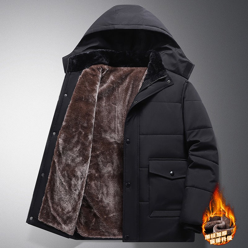 Winter Middle-Aged And Elderly Men'S Thickeneded Velvet Cotton Outwears, Men'S Hooded Jackets, Versatile Casual Mid-Length Cotton-Padded Warm Cotton Outwears - Image 4