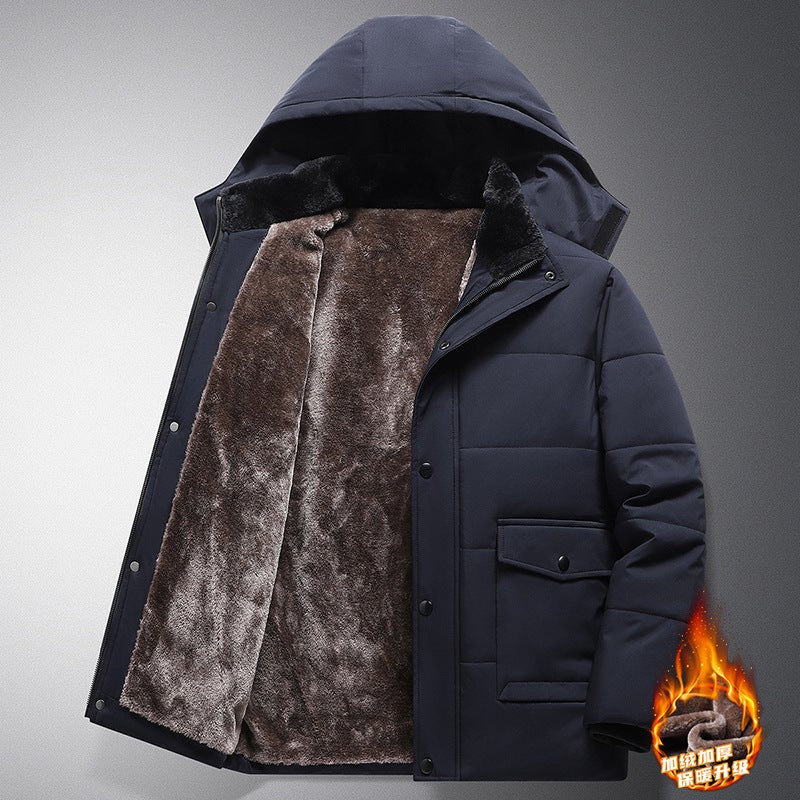 Winter Middle-Aged And Elderly Men'S Thickeneded Velvet Cotton Outwears, Men'S Hooded Jackets, Versatile Casual Mid-Length Cotton-Padded Warm Cotton Outwears - Image 2