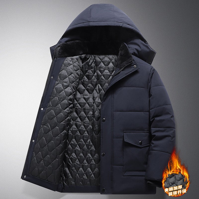 Winter Middle-Aged And Elderly Men'S Thickeneded Velvet Cotton Outwears, Men'S Hooded Jackets, Versatile Casual Mid-Length Cotton-Padded Warm Cotton Outwears - Image 3
