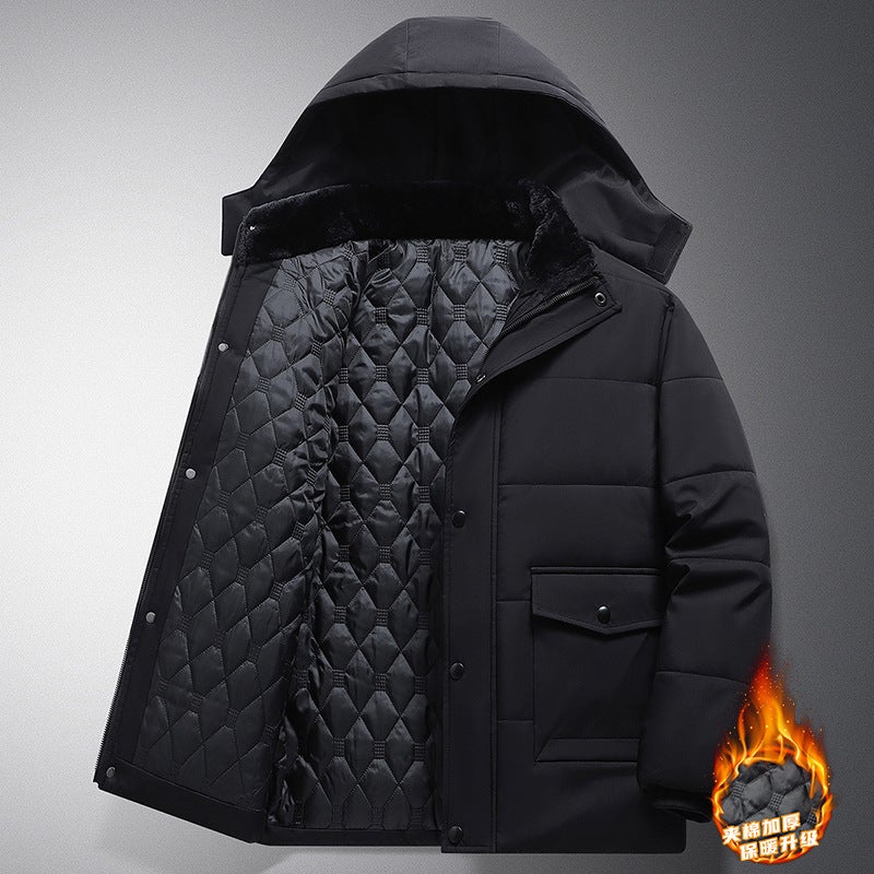 Winter Middle-Aged And Elderly Men'S Thickeneded Velvet Cotton Outwears, Men'S Hooded Jackets, Versatile Casual Mid-Length Cotton-Padded Warm Cotton Outwears - Image 1