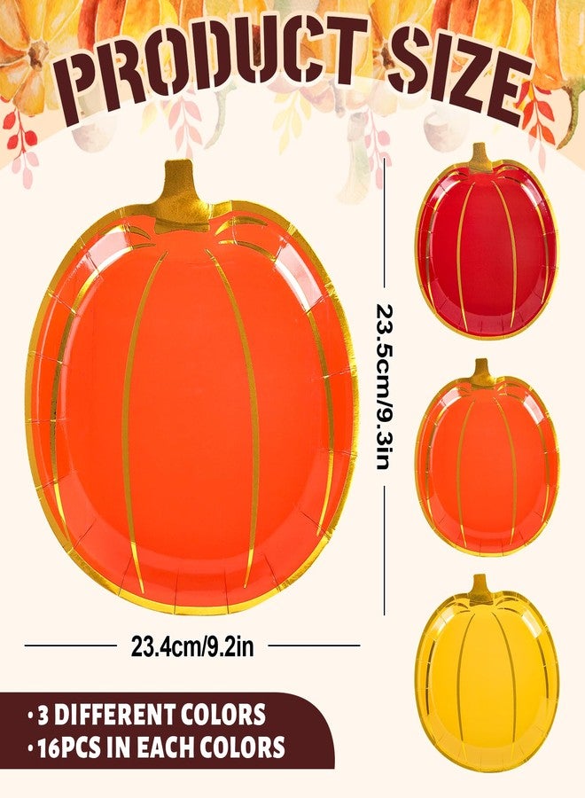 Whaline 48Pcs Fall Pumpkin Paper Plates Foil Gold Pumpkin Shaped Disposable Plates Red Orange Yellow Pumpkins Decorative Tableware for Fall Thanksgiving Party Supplies Autumn Holiday Catering - Image 2