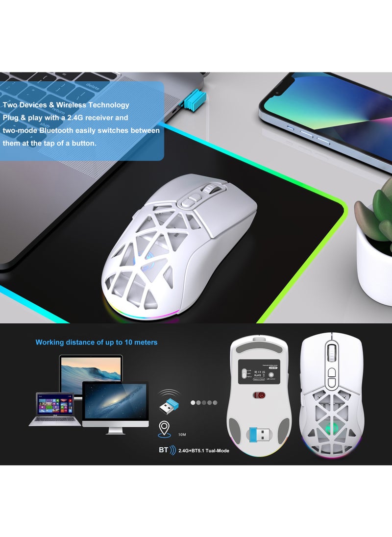 Rock Pow - Wireless Gaming Mouse,Tri-Mode Bluetooth/2.4G/Wired Mouse, 6 Buttons with Adjustable 4800 DPI, BT5.1 Rechargeable RGB Backlight Gaming Mice for PC/Mac/Laptop White - Image 1