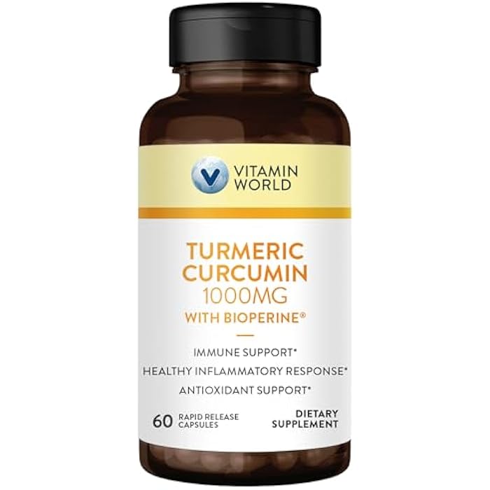 Vitamin World Turmeric Curcumin 1000mg, BioPerine Black Pepper Extract for Better Absorption, 95% Curcuminoids, Turmeric Supplement for Antioxidant & Joint Support, Gluten-Free, 60 Capsules - Image 1