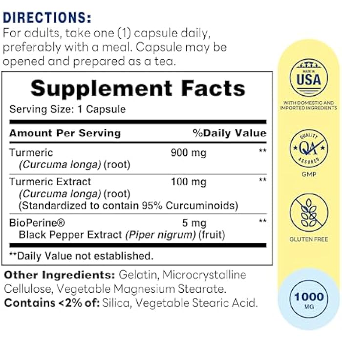 Vitamin World Turmeric Curcumin 1000mg, BioPerine Black Pepper Extract for Better Absorption, 95% Curcuminoids, Turmeric Supplement for Antioxidant & Joint Support, Gluten-Free, 60 Capsules - Image 2