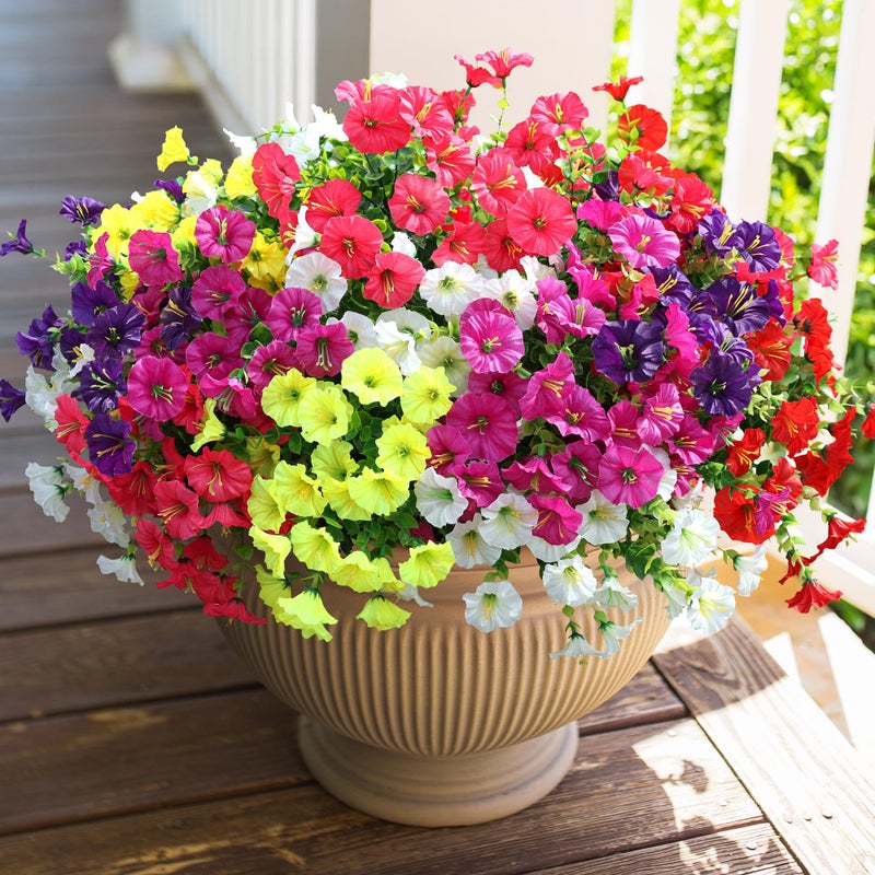 HyeFlora Artificial Flowers for Outdoors Fake Plants Outside Decoration, 12 Bundles Silk Colorful Morning Glory with Eucalyptus UV Resistant Realistic Faux Flowers for Planter Porch Patio Yard Garden - Image 4