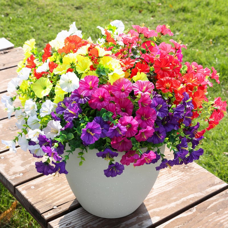 HyeFlora Artificial Flowers for Outdoors Fake Plants Outside Decoration, 12 Bundles Silk Colorful Morning Glory with Eucalyptus UV Resistant Realistic Faux Flowers for Planter Porch Patio Yard Garden - Image 3