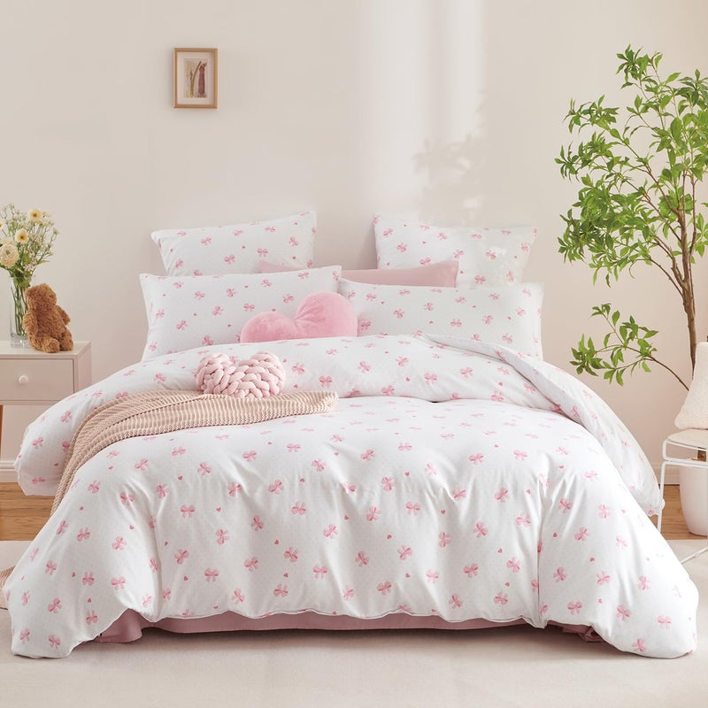 Nayoroom Pink Bow Comforter Set Queen Size Heart Bowknot Printed Coquette Bedding Set 3 Pcs Kids Girls Cute Comforter for All Seasons (1 Comforter, 2 Pillow Shams) - Image 1