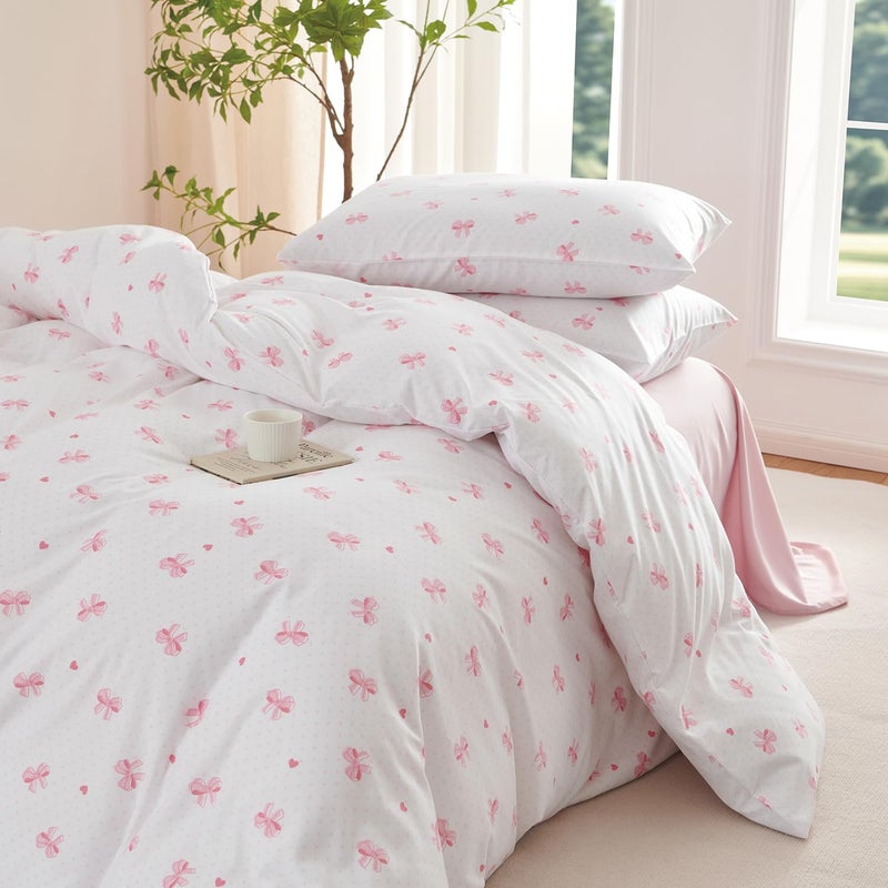 Nayoroom Pink Bow Comforter Set Queen Size Heart Bowknot Printed Coquette Bedding Set 3 Pcs Kids Girls Cute Comforter for All Seasons (1 Comforter, 2 Pillow Shams) - Image 5