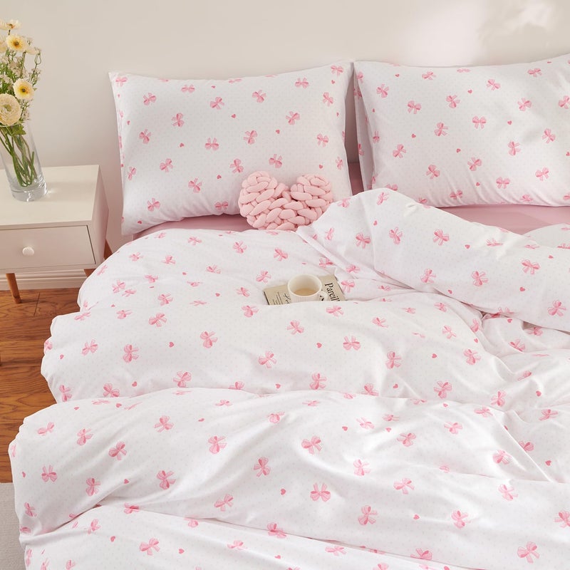 Nayoroom Pink Bow Comforter Set Queen Size Heart Bowknot Printed Coquette Bedding Set 3 Pcs Kids Girls Cute Comforter for All Seasons (1 Comforter, 2 Pillow Shams) - Image 3