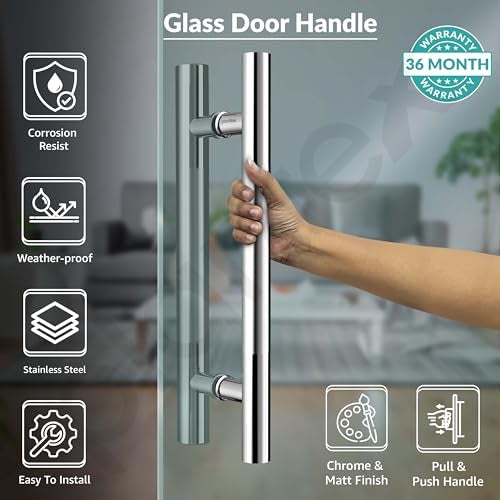 Plantex Handle for Glass Door/Stainless Steel Main Door Handle/Tuffen Glass Door Accessories/12 Inch Pull-Push Handle Set of 1/ (2 Piece, Chrome) - Image 2