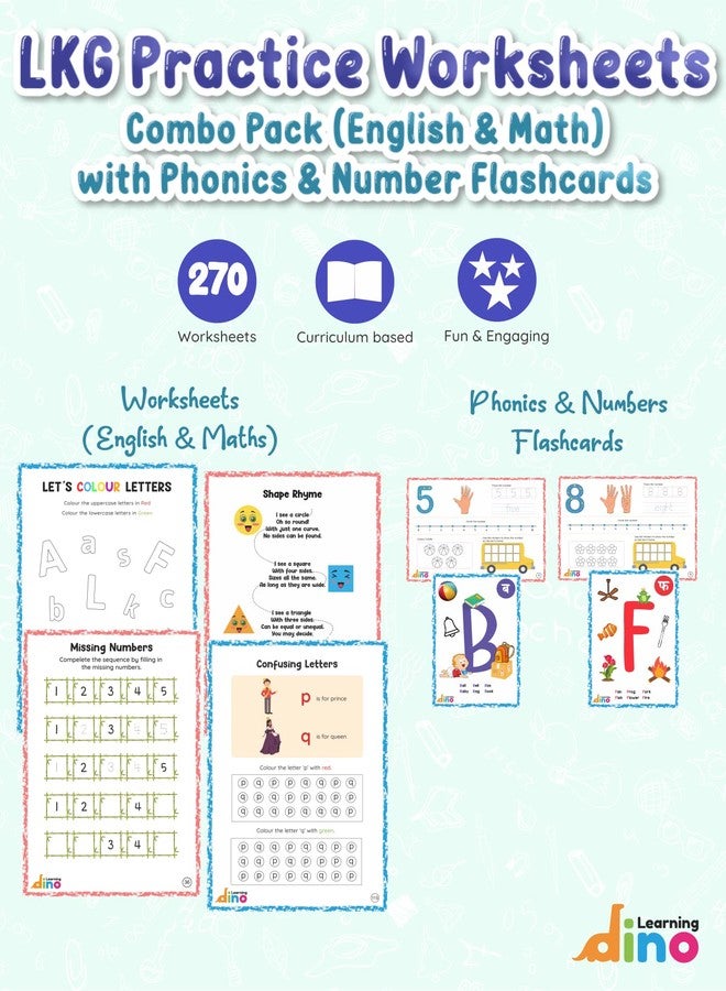 Learning Dino LKG Practice Worksheets Combo Pack (English & Math) with Phonics and Number Flashcards/Learning Books For Kids/Kids Books - Image 1
