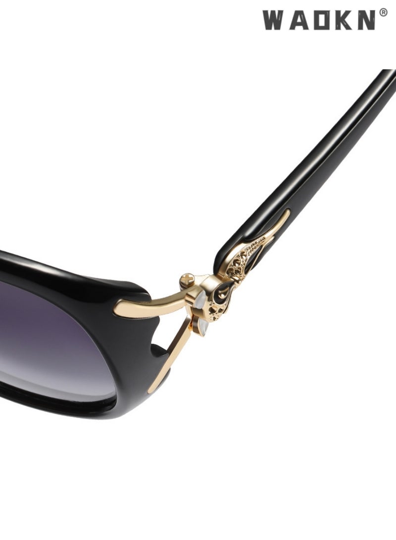 WAOKN Women's Polarized Oval Sunglasses UV400 Protection Sun Glasses with Black Gold Frame Decorated with Fox Pattern Fashion Anti-glare Sun Shades for Summer Outdoor Beach Travel Camping Driving Fishing - Image 3