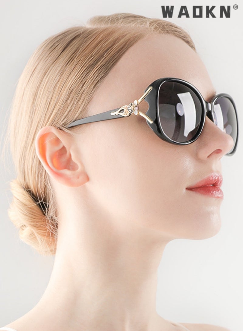 WAOKN Women's Polarized Oval Sunglasses UV400 Protection Sun Glasses with Black Gold Frame Decorated with Fox Pattern Fashion Anti-glare Sun Shades for Summer Outdoor Beach Travel Camping Driving Fishing - Image 2