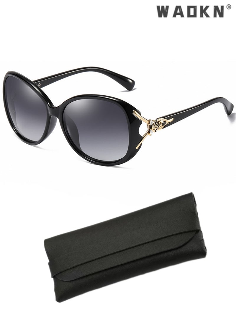 WAOKN Women's Polarized Oval Sunglasses UV400 Protection Sun Glasses with Black Gold Frame Decorated with Fox Pattern Fashion Anti-glare Sun Shades for Summer Outdoor Beach Travel Camping Driving Fishing - Image 1